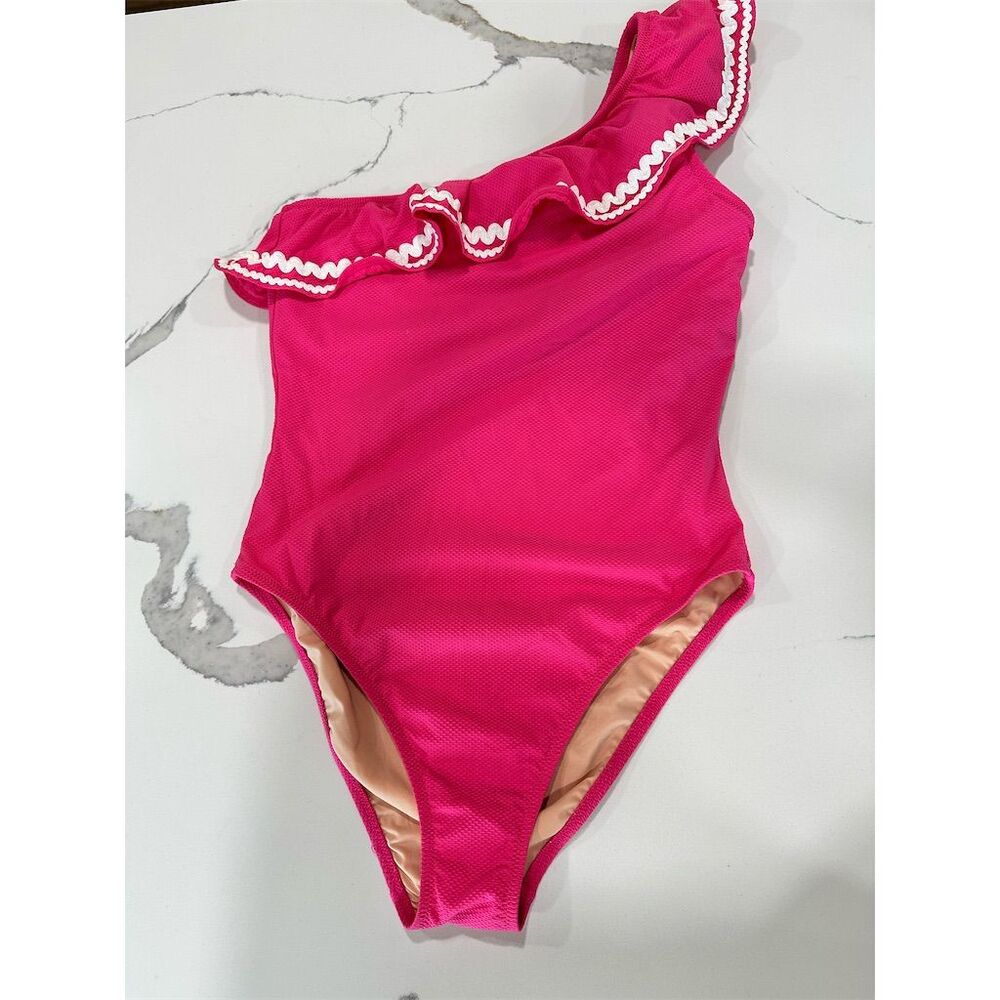 J. Crew Women's Pink Ruffle One Shoulder One Piece Swimsuit Sz 8